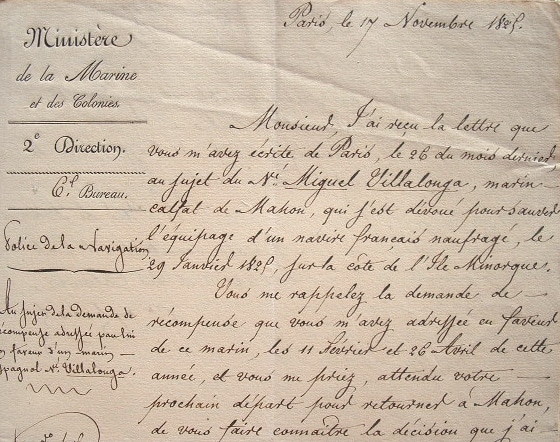 Correspondance du ministre de la Marine au consul des Baléares.