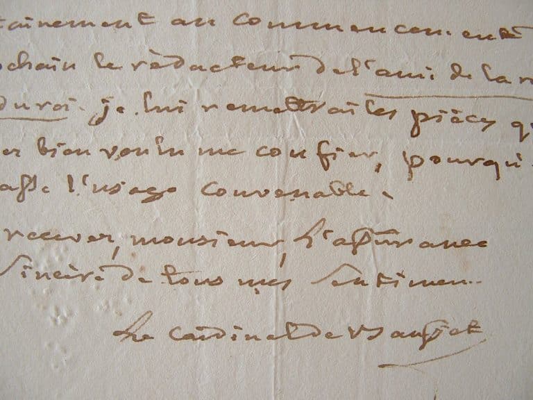 Cardinal de Bausset. Lettre de 1819.