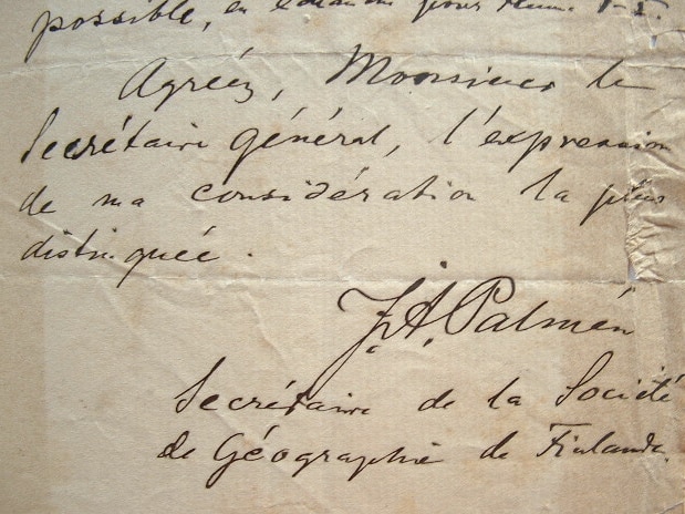 Lettre du géographe finlandais Johann Axel Palmén.