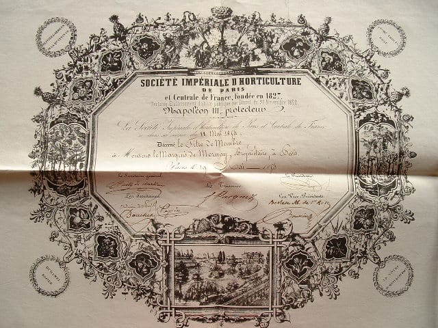 Diplôme de la Société Impériale d'Horticulture pour le marquis de Mornay.