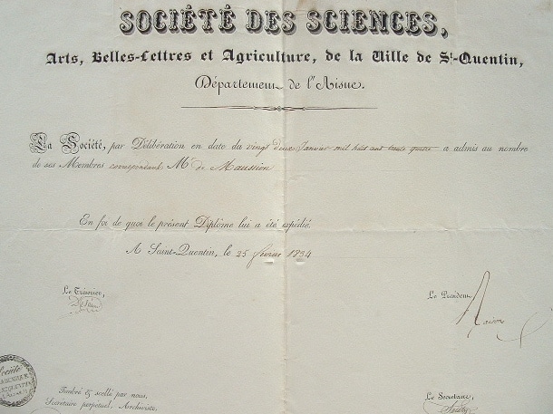 Diplôme de la Société des Sciences, Arts et Belles-Lettres de Saint-Quentin.