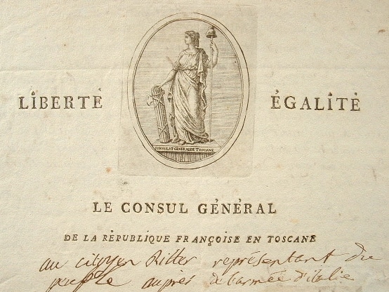 Lettre du Consul général de Livourne avec superbe vignette emblématique.