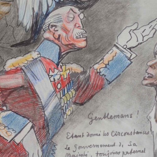 Dessin humoristique de Ferdinand Bac sur la levée des troupes anglaises en Inde.
