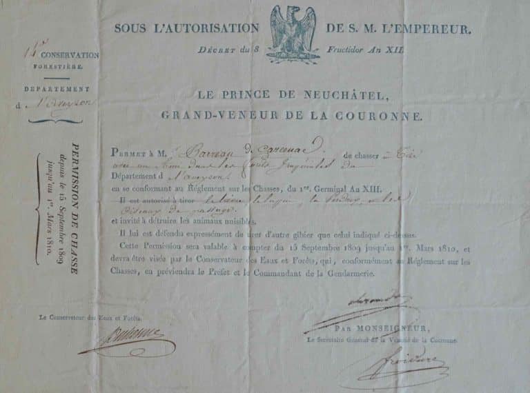 Le grand veneur Berthier accorde un droit de chasse dans l&rsquo;Aveyron.