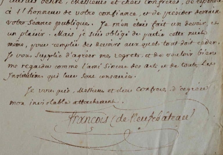 François de Neufchâteau ne pourra présider la séance de l&rsquo;Athénée des Arts.