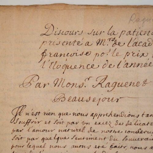 Manuscrit du Discours de la patience de l'Abbé Raguenet, présenté à l'Académie en 1687.