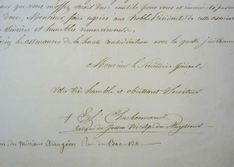 Lettre du premier vicaire apostolique de Maïssour, à Bangalore, en Inde, Mgr Charbonnaux.