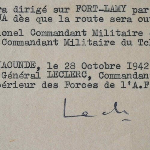 Raro documento firmato da Leclerc, in Camerun, nel 1942.