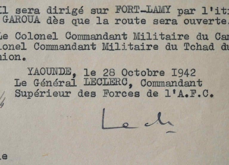 Rare document signé par Leclerc, au Cameroun, en 1942.