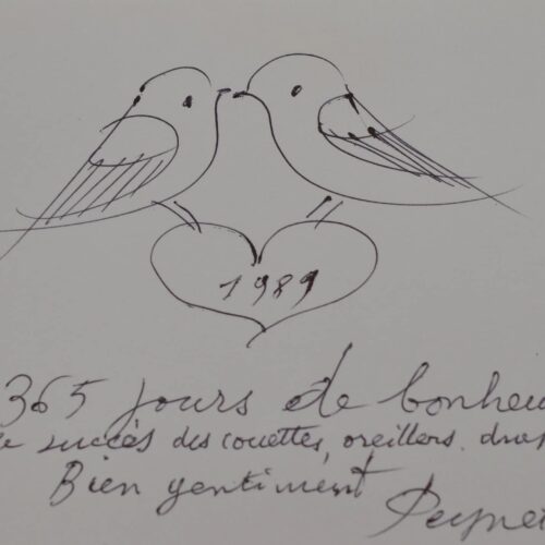 Un couple de tourtereaux dessiné par Peynet.