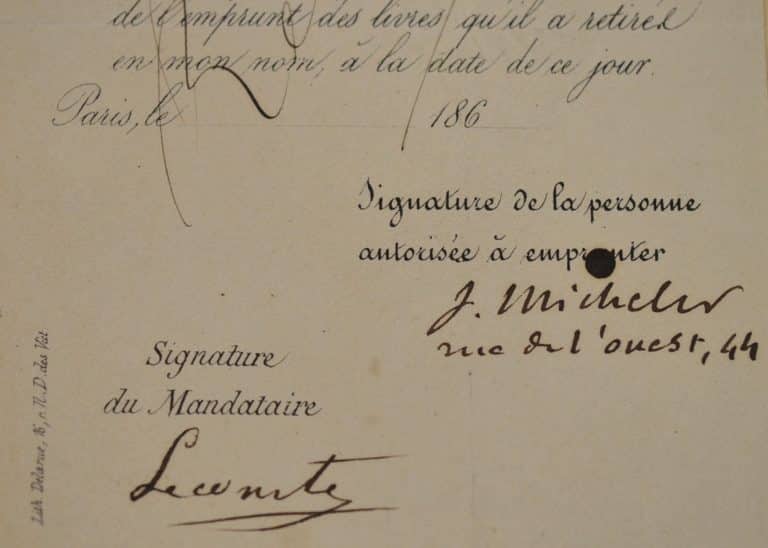 Jules Michelet autorisé à emprunter des livres à la Bibliothèque Impériale.