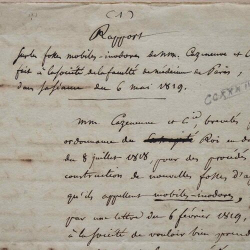 Rapport manuscrit sur les fosses d'aisance par Renauldin, Vauquelin, Léveillé et Husson.
